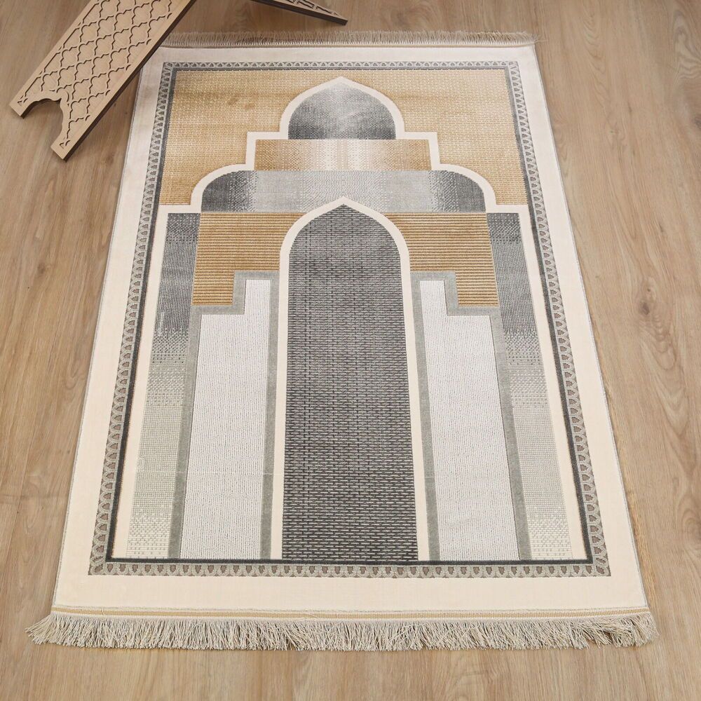  Lüks Kadife Akasya Mihrap  Seccade  Ultra Lüks % 100 Modal, Sık Dokuma Halı  Seccade-Krem (80x120 cm) 2080 gr