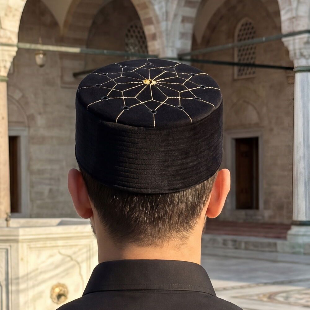  Lüks Kadife Keçeli Takke Nakışlı Siyah