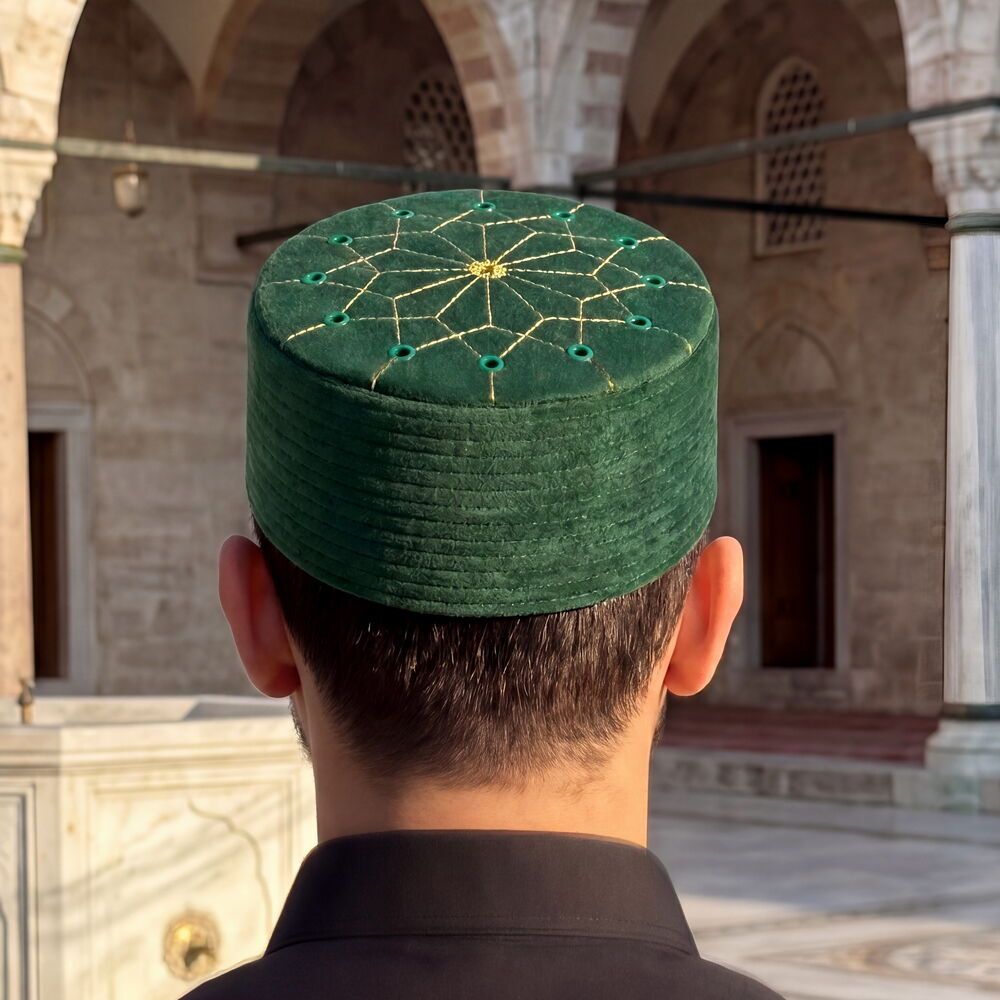  Lüks Kadife Keçeli Takke Nakışlı Yeşil