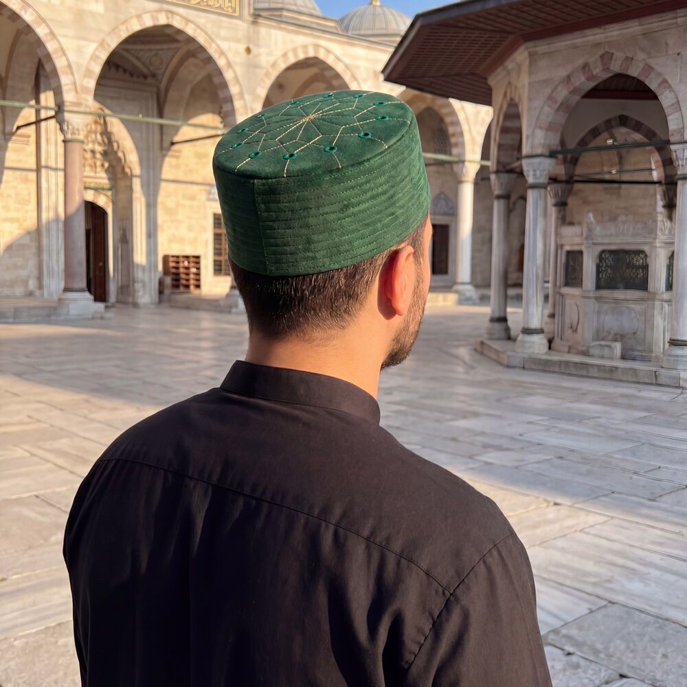  Lüks Kadife Keçeli Takke Nakışlı Yeşil