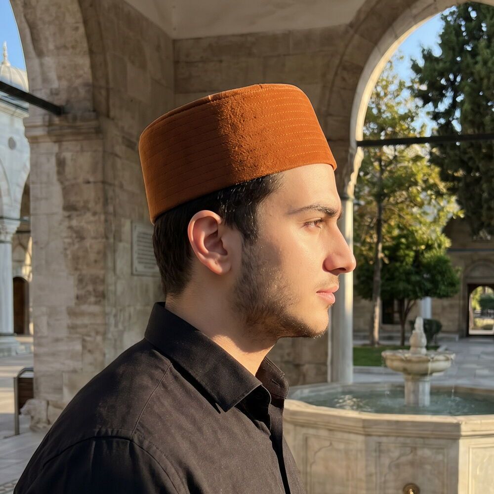  Lüks Kadife Keçeli Takke Nakışlı Kahverengi