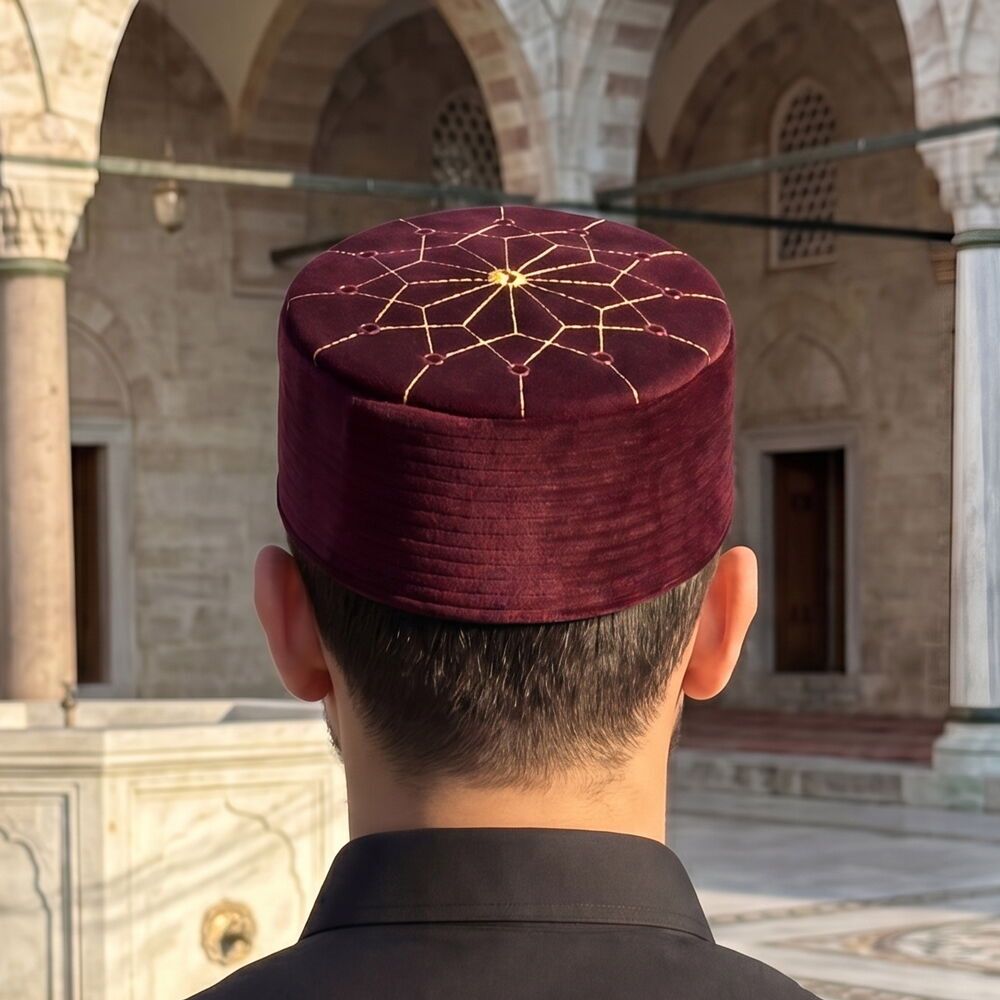  Lüks Kadife Keçeli Takke Nakışlı Bordo