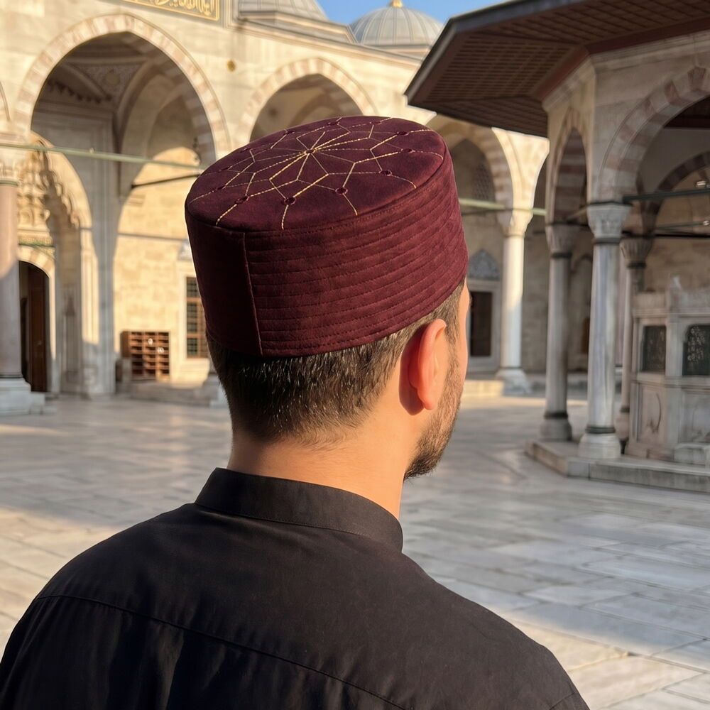  Lüks Kadife Keçeli Takke Nakışlı Bordo