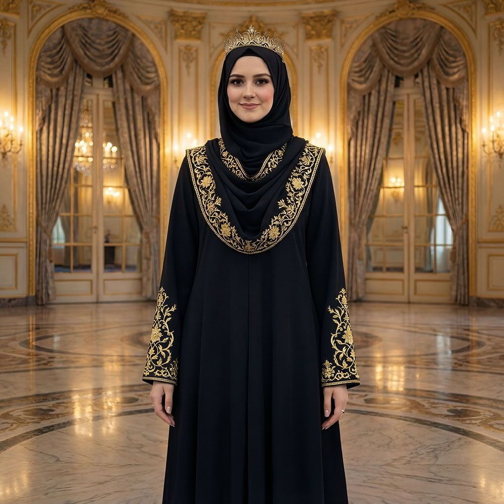  Suavi Bayan Hafızlık İcazet Merasimi Ferace Abaya Siyah Gold Nakışlı Elbise