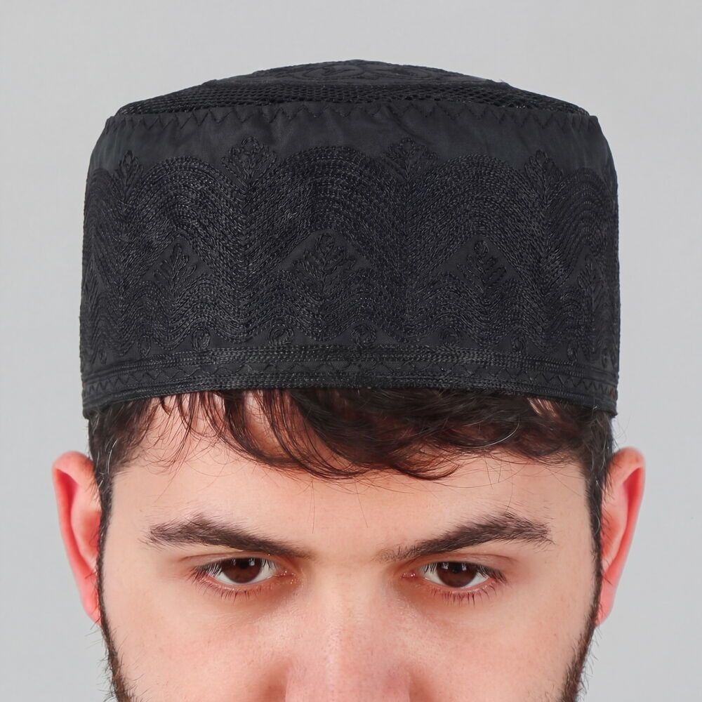  Yazlık Fileli Mevlidhan Namaz Takkesi Topbaş Hafız Nakış İşlemeli Siyah