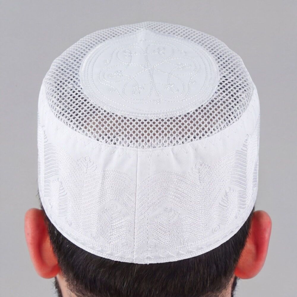  Yazlık Fileli Mevlidhan Namaz Takkesi Topbaş Hafız Nakış İşlemeli-Beyaz