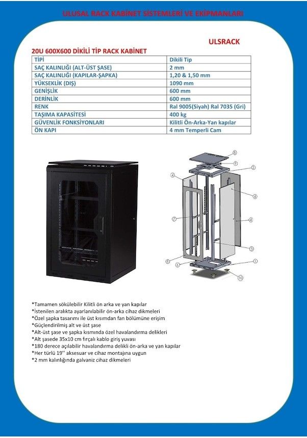 ULS 20U 600x600 Spak Serisi Tekerlekli Rack Kabine