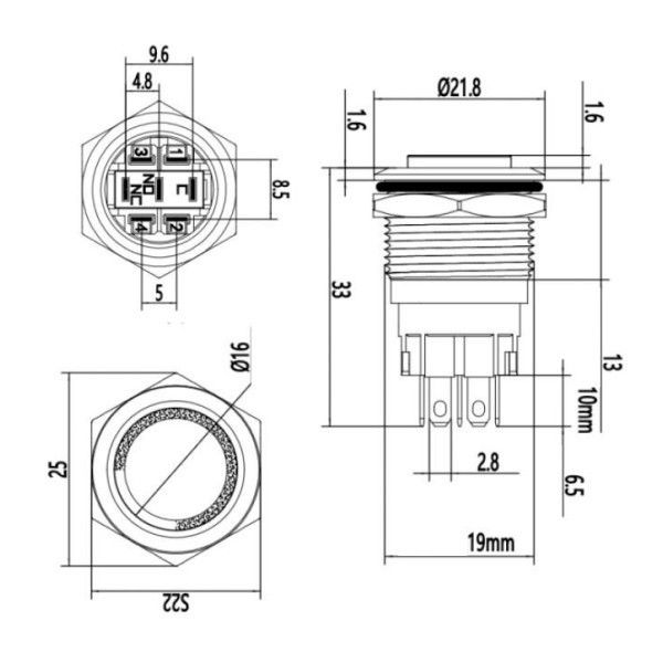 Metal Buton Kalıcı 19mm 24V Mavi Ledli #3