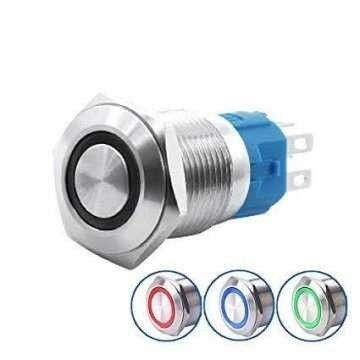 Metal Buton Yaylı 16mm 12V Mavi Ledli