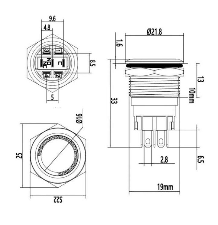 Metal Buton Yaylı 19mm 24V Kırmızı Ledli #2