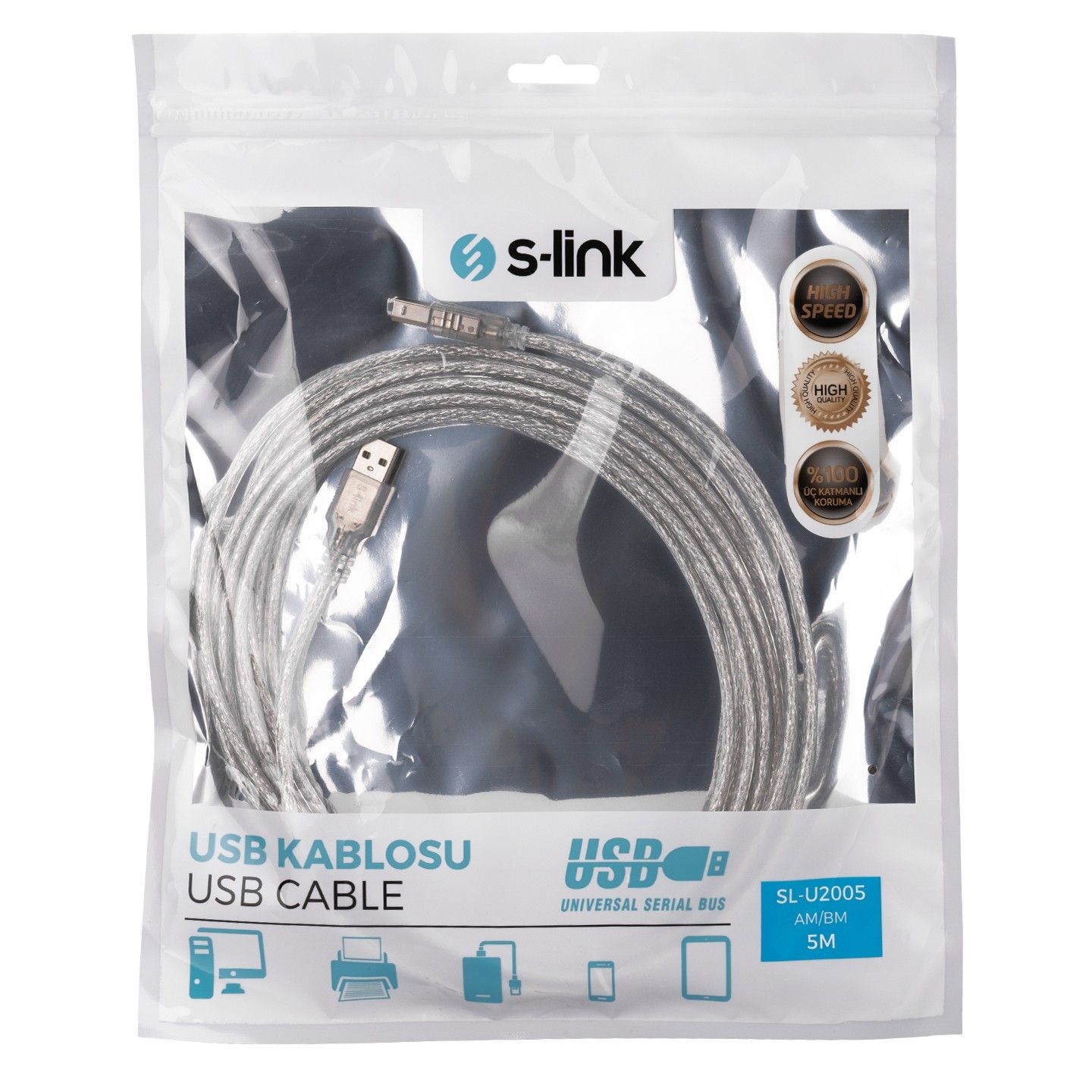 S-Link SL-U2005 5m Usb 2.0 Şeffaf Yazıcı Kablosu #3