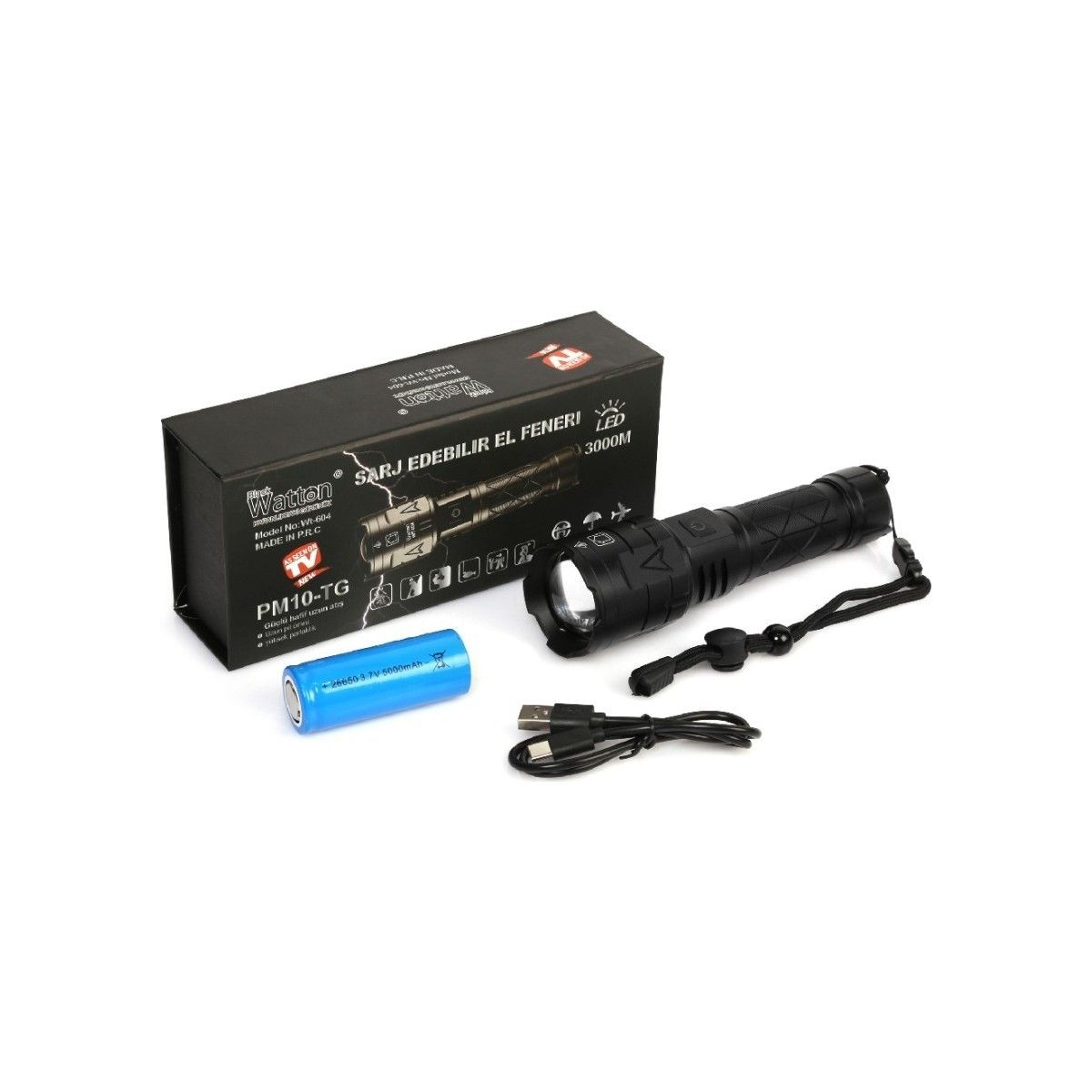 Watton WT-604 3000 Lümen Şarjlı Metal El Feneri #4