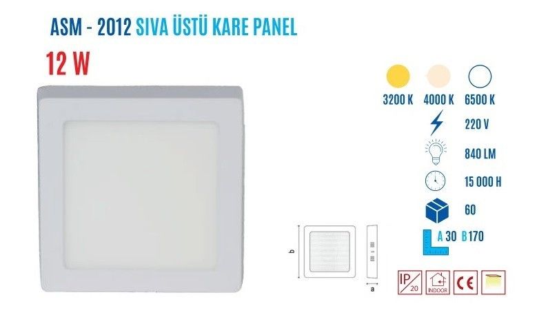 YCL ASM-2012G 12W Sıvaüstü Kare Günışığı Led Panel #4