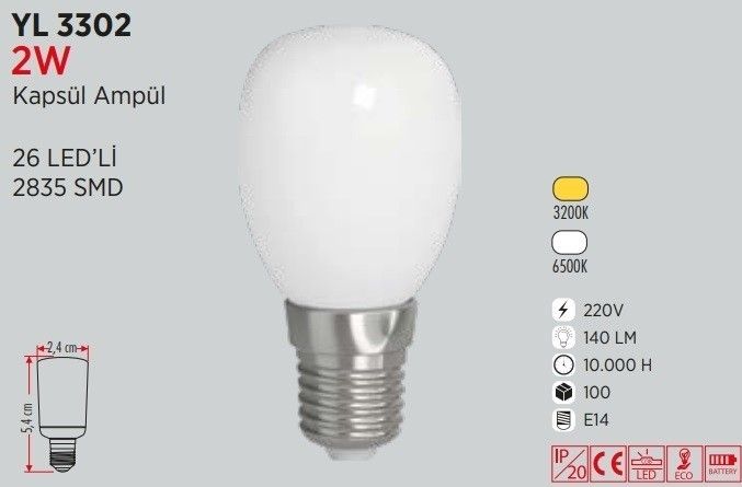 YCL YL-3302B 2W 220V E14 Led Kapsül Beyaz  #2