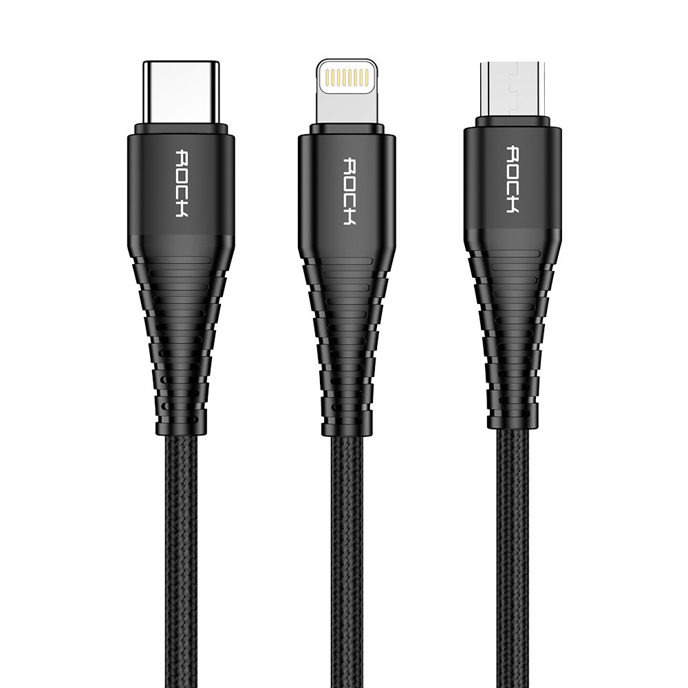 Rock Hi-Tensile Three Primary 3in1 Şarj Kablosu 3A 1.2mt (Lightning+Type-C+Micro USB)