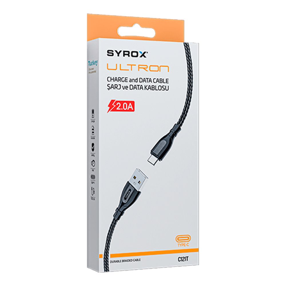 Syrox C121T Ultron Metal Örgü Type-C Data/Şarj Kablosu 2.0A 1mt Siyah