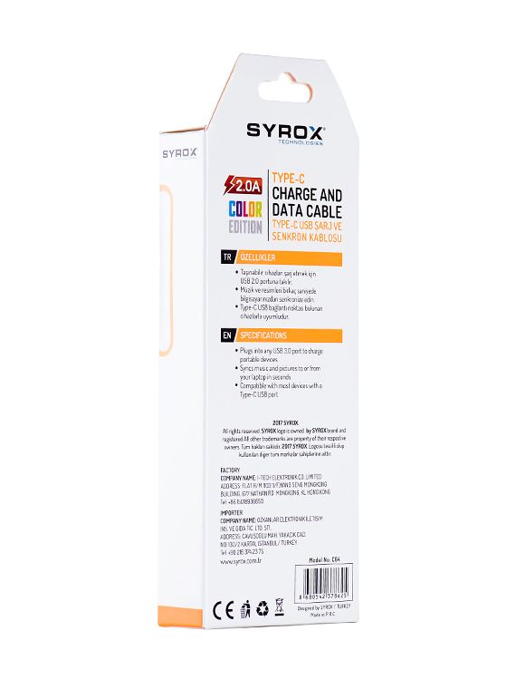 Syrox C64 Type-C USB Şarj ve Data Kablo 2.0A 1.2mt Beyaz