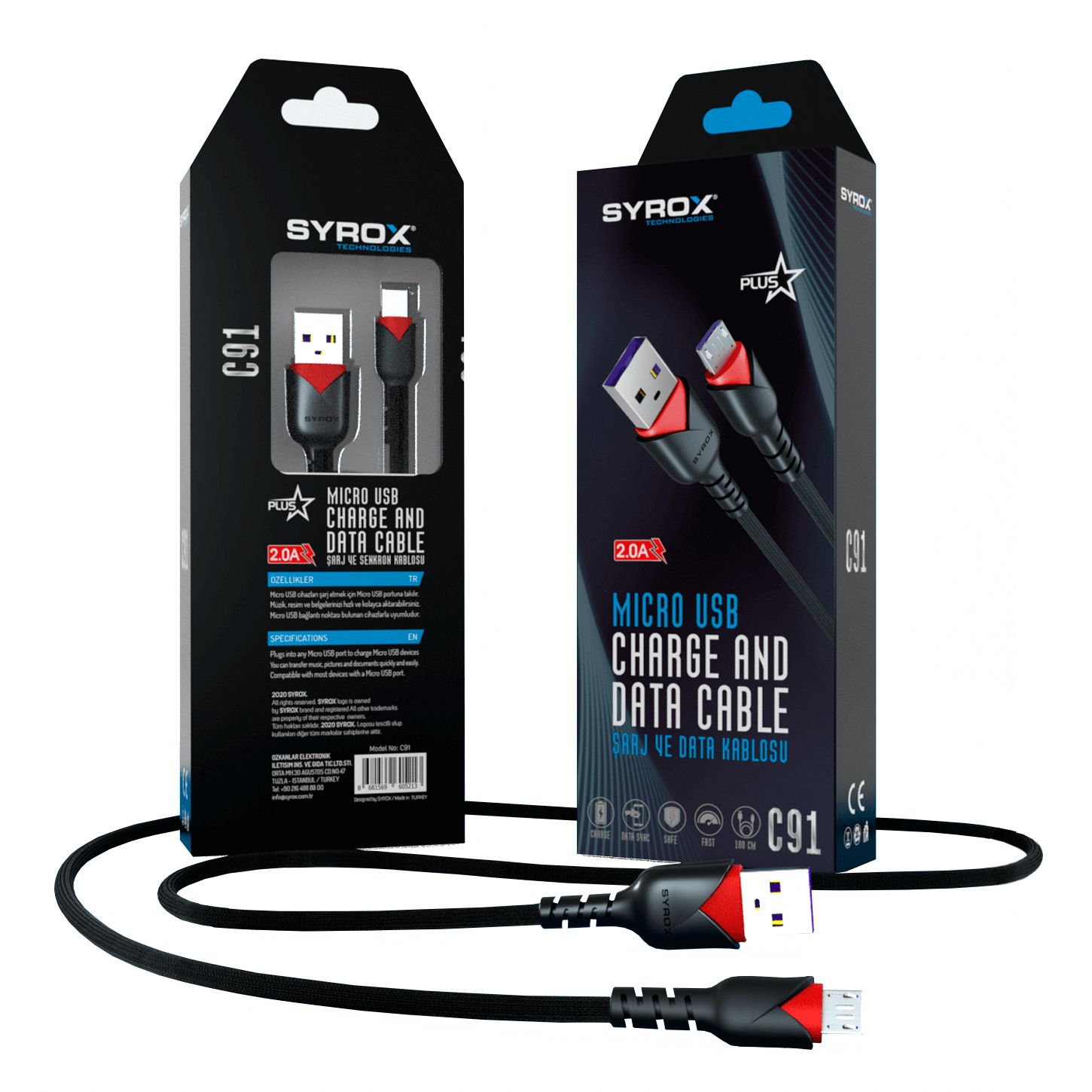 Syrox C91 Micro USB Hızlı Şarj Kablosu 2A 1mt Siyah