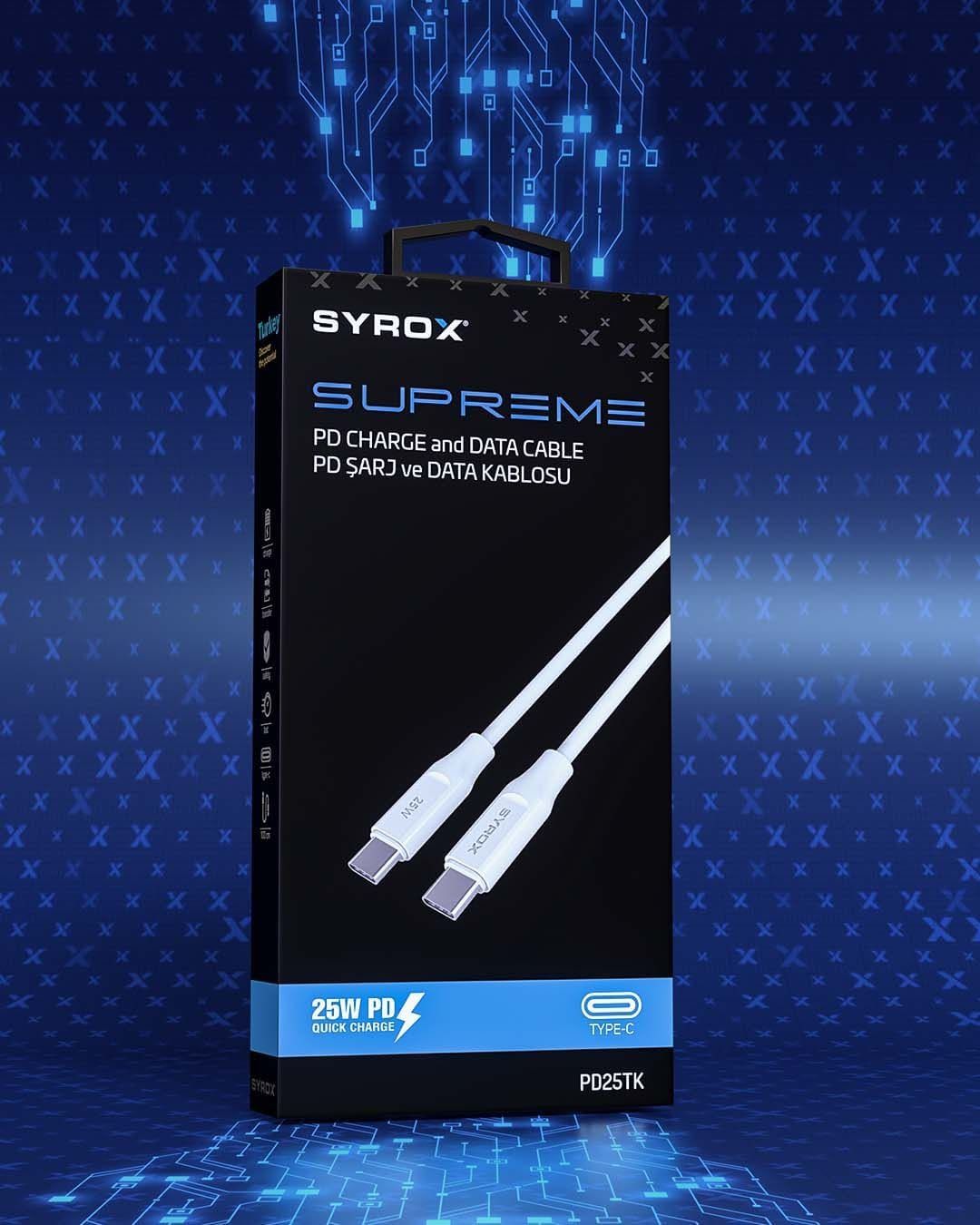 Syrox PD25TK Type-C to Type-C PD 25W Hızlı Data/Şarj Kablosu 1mt Beyaz
