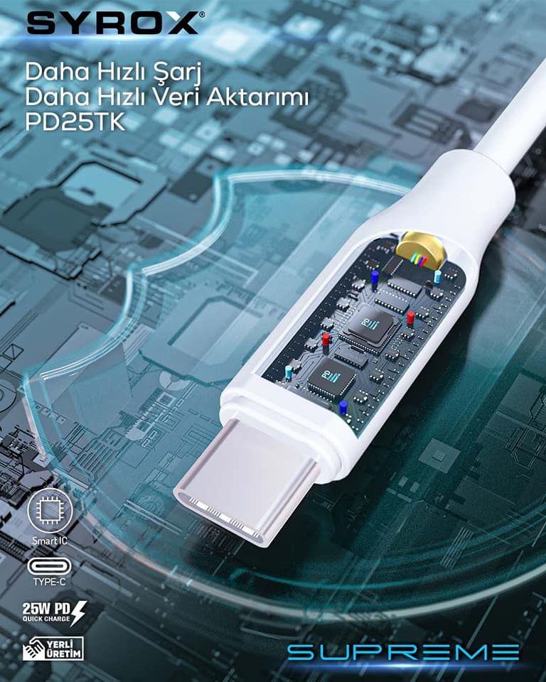 Syrox PD25TK Type-C to Type-C PD 25W Hızlı Data/Şarj Kablosu 1mt Beyaz
