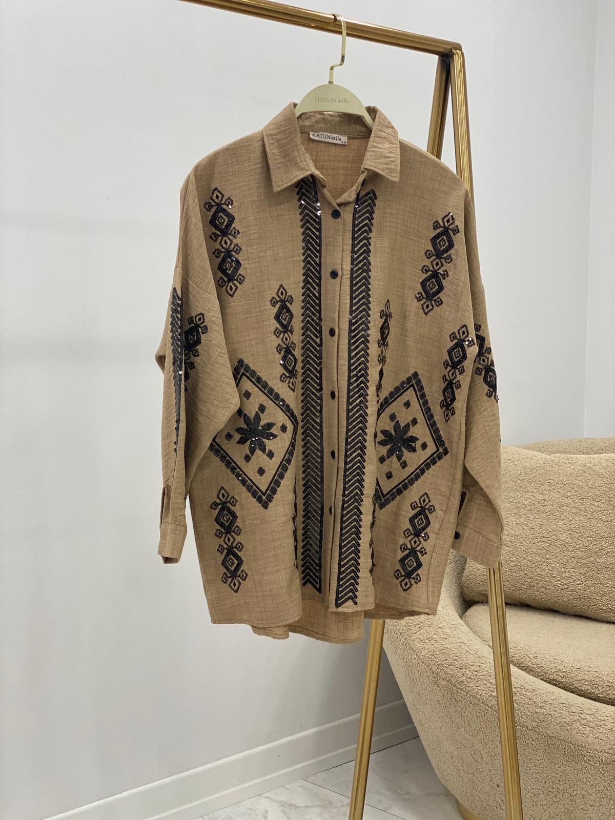 HatunAtila Oversize Pul Nakışlı Keten Gömlek