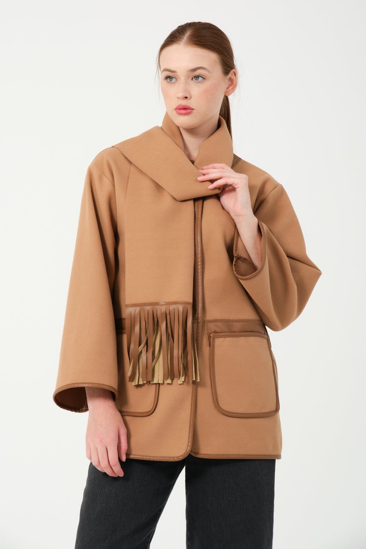 Toptan Atkılı Deri Detaylı Cepli Kaşe Ceket 7869 Camel #5