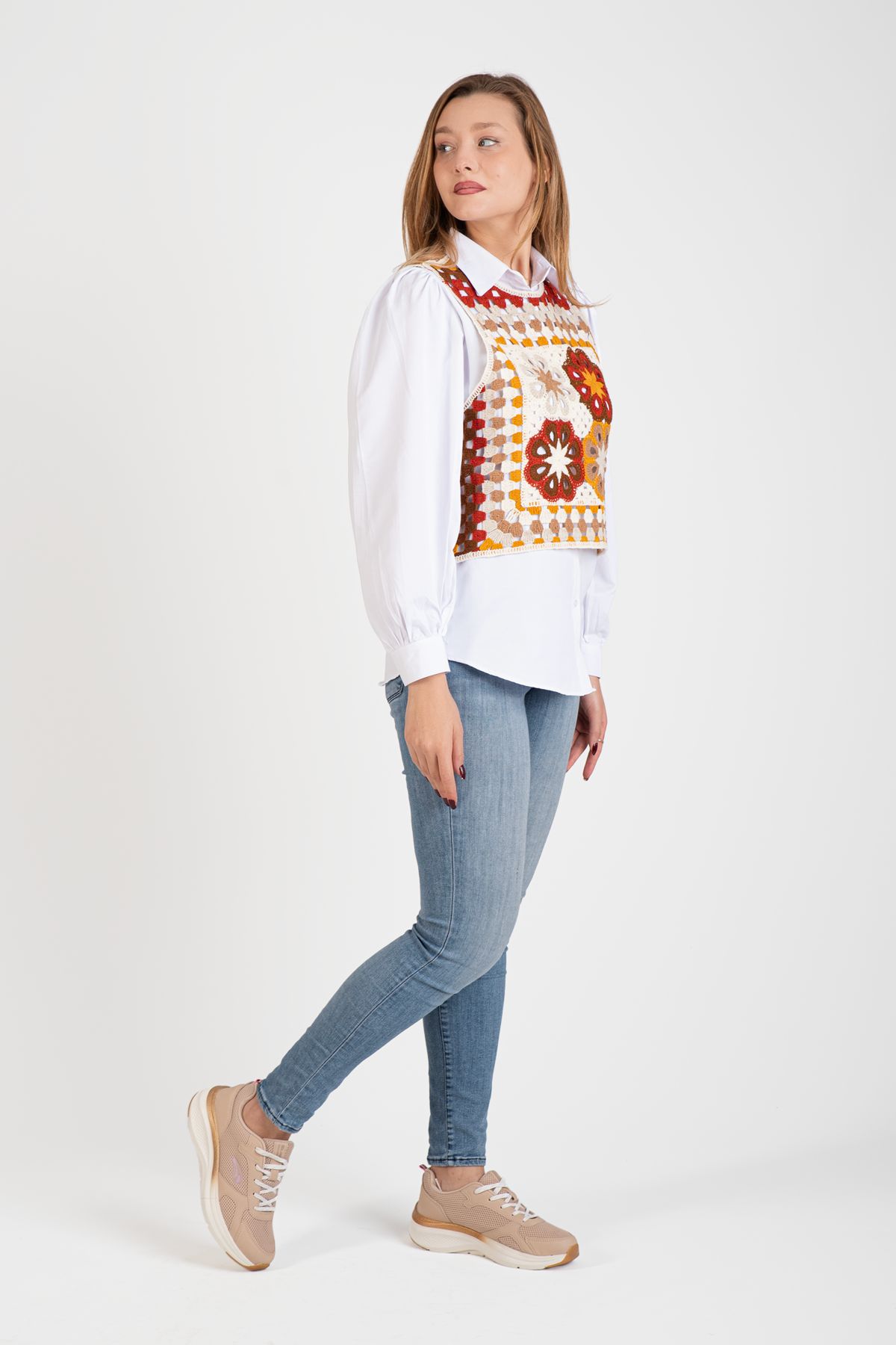 Toptan Çiçek Desenli Örgü Süveter - 5069 Bej #2