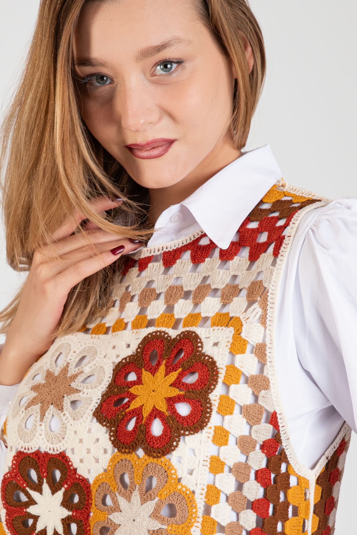 Toptan Çiçek Desenli Örgü Süveter - 5069 Bej #4