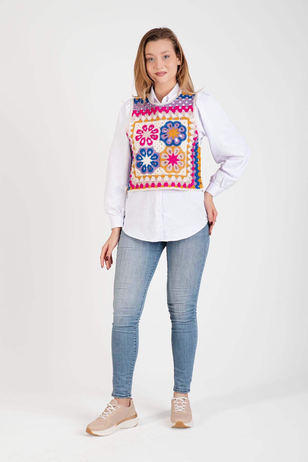 Toptan Çiçek Desenli Örgü Süveter - 5069 Pembe