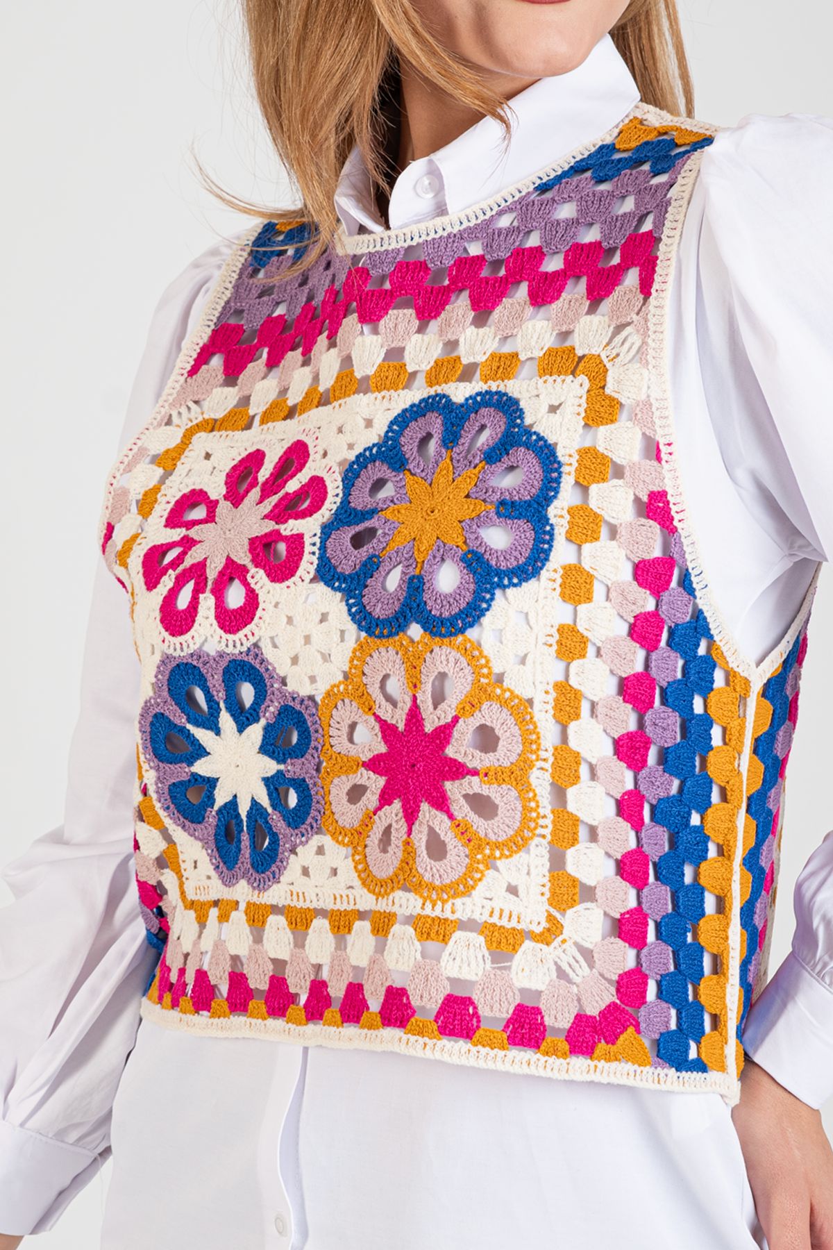 Toptan Çiçek Desenli Örgü Süveter - 5069 Pembe #5