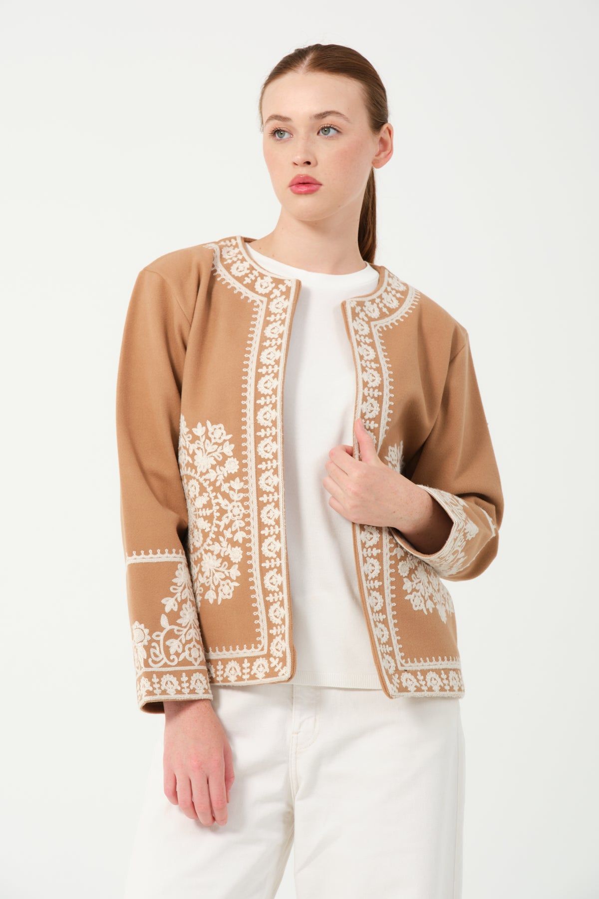 Toptan İşlemeli Kaşe Ceket 7865 Camel #4