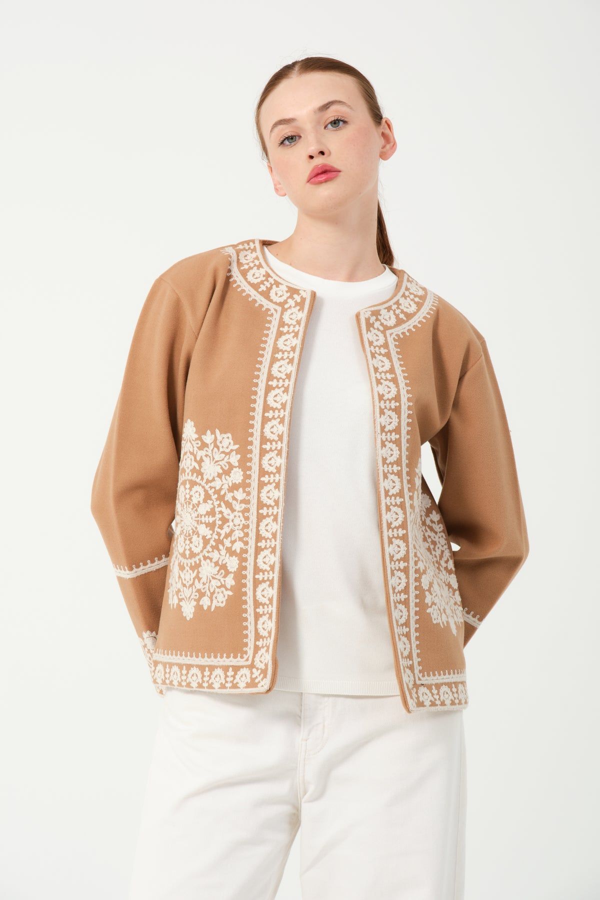 Toptan İşlemeli Kaşe Ceket 7865 Camel #5