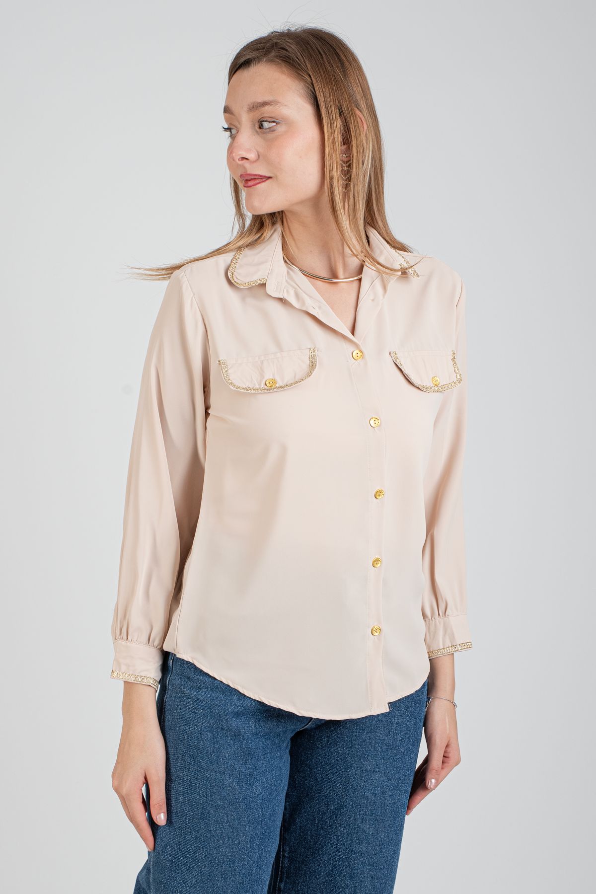 Toptan Gold Detaylı Gömlek - 7779 Bej #3