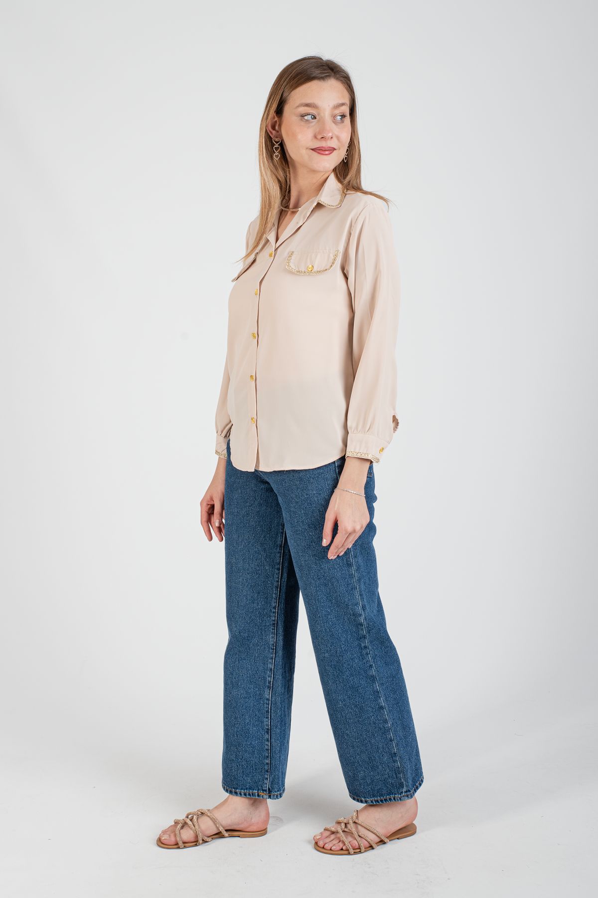 Toptan Gold Detaylı Gömlek - 7779 Bej #4