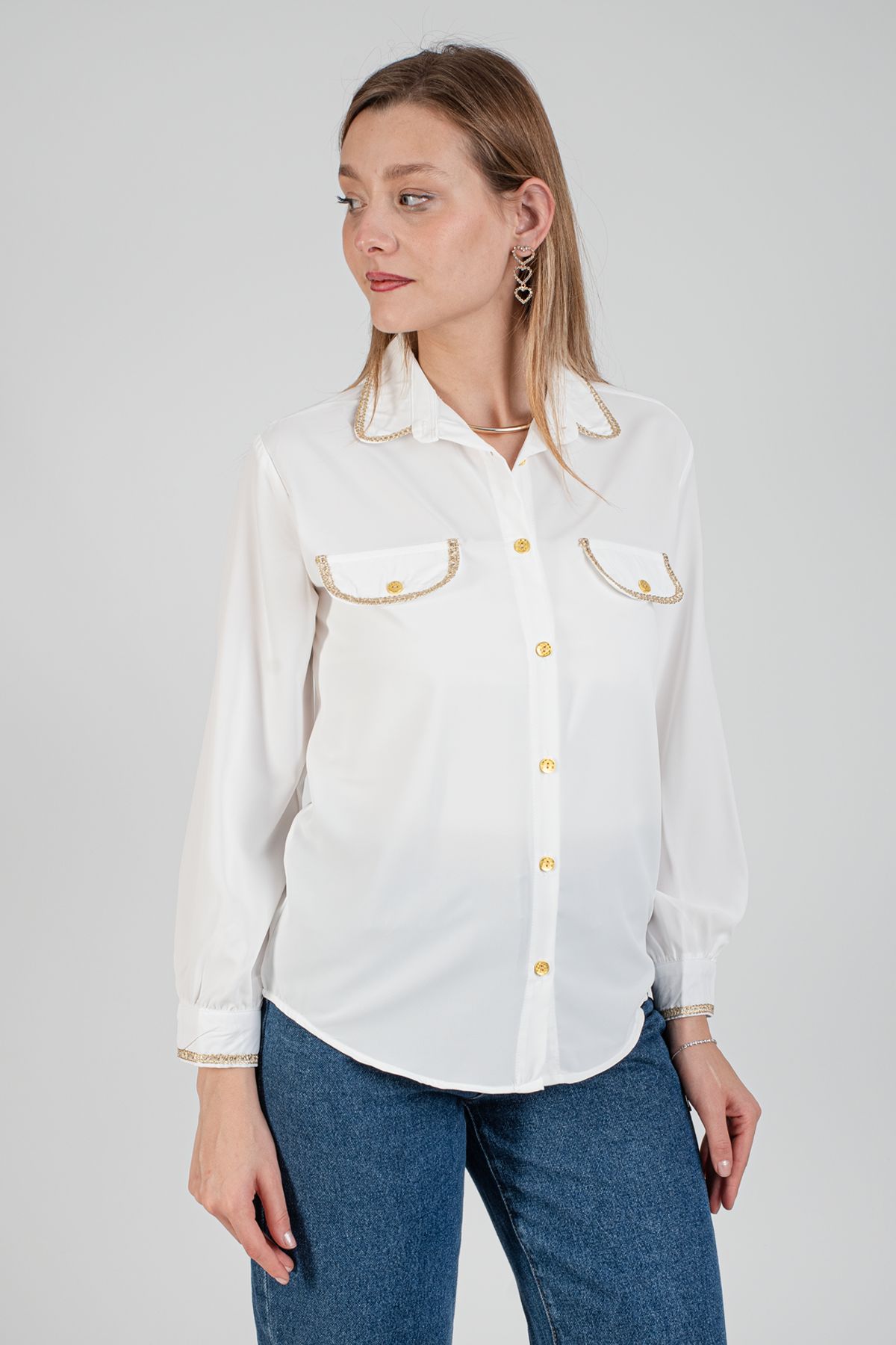 Toptan Gold Detaylı Gömlek - 7779 Beyaz #3