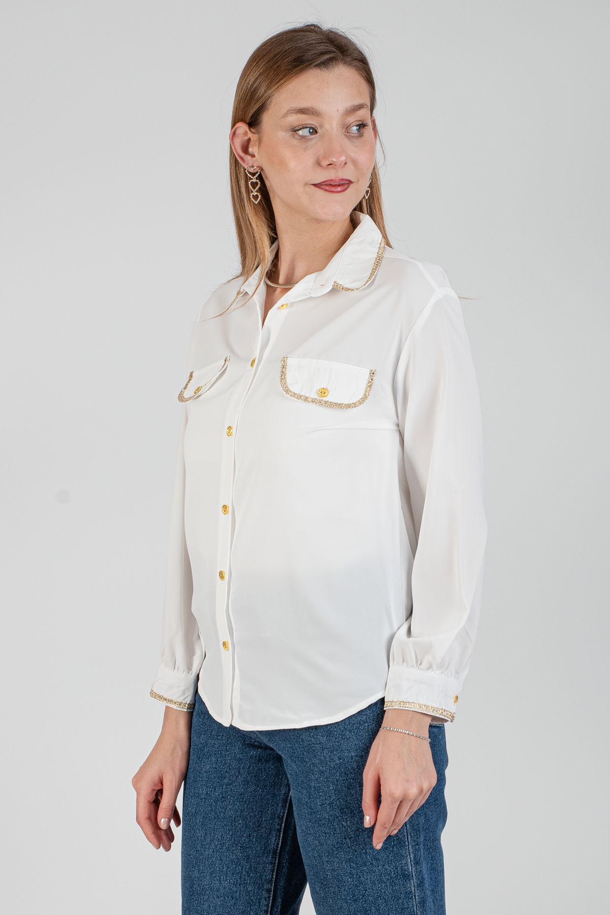 Toptan Gold Detaylı Gömlek - 7779 Beyaz #4