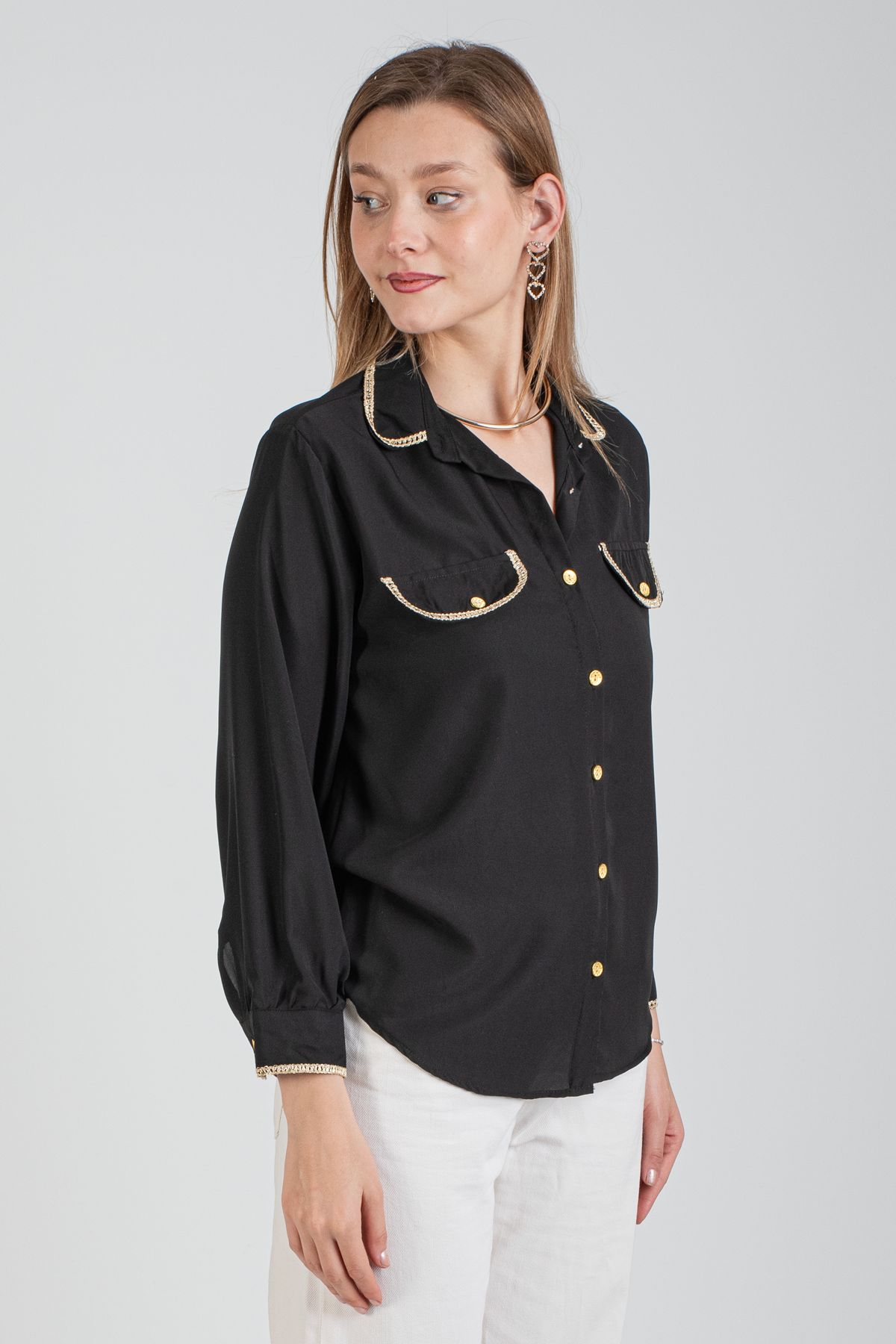 Toptan Gold Detaylı Gömlek - 7779 Siyah #2