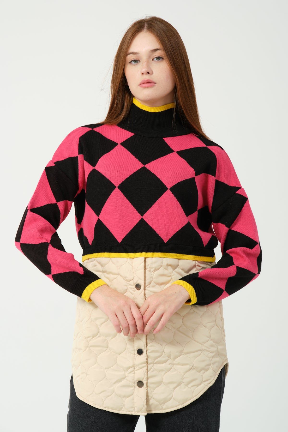 Toptan Kapitoneli Ekose Triko Kazak 4873 Pembe #2