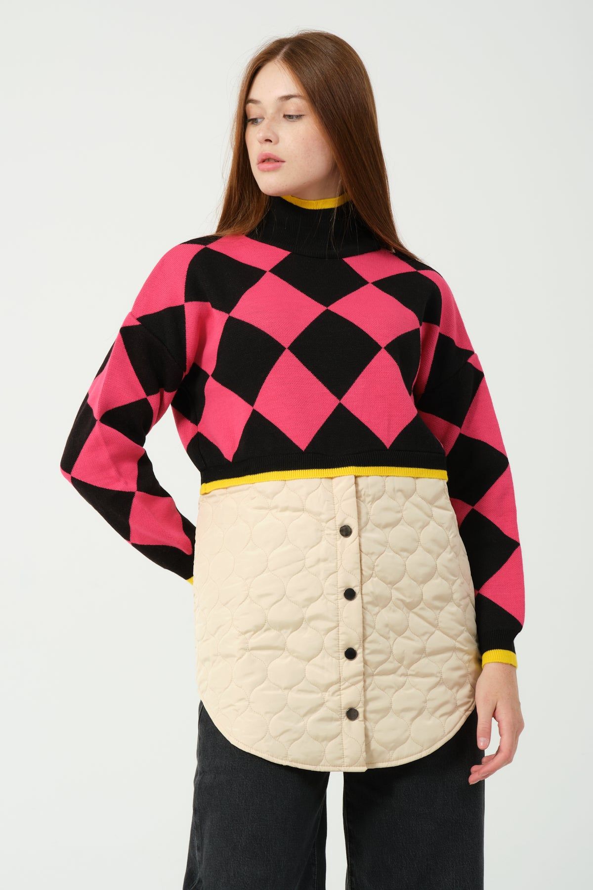 Toptan Kapitoneli Ekose Triko Kazak 4873 Pembe #4