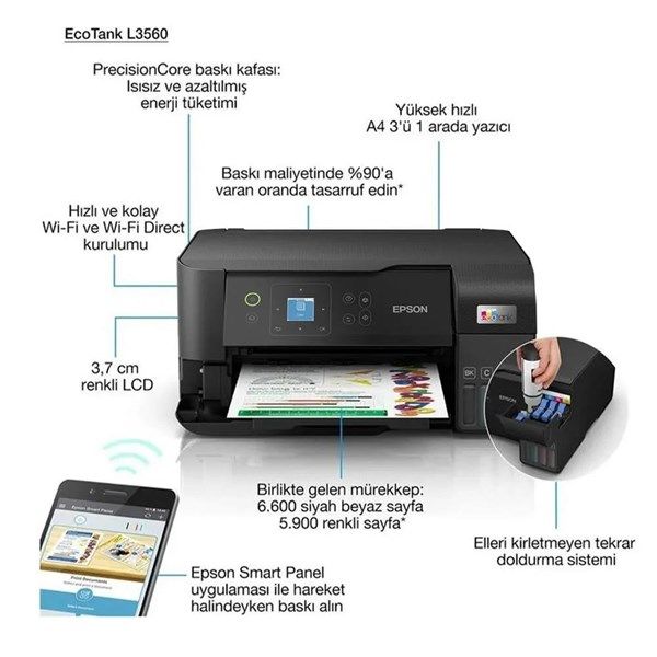 EPSON A4 L3560 Renkli Çok Fonksiyonlu Tanklı Yazıcı Usb,Kablosuz #2