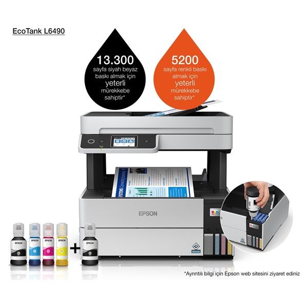 EPSON A4 Renkli L6490 Çok Fonksiyonlu Tanklı Yazıcı Fax USB 2.0,Ethernet,Kablosuz #1